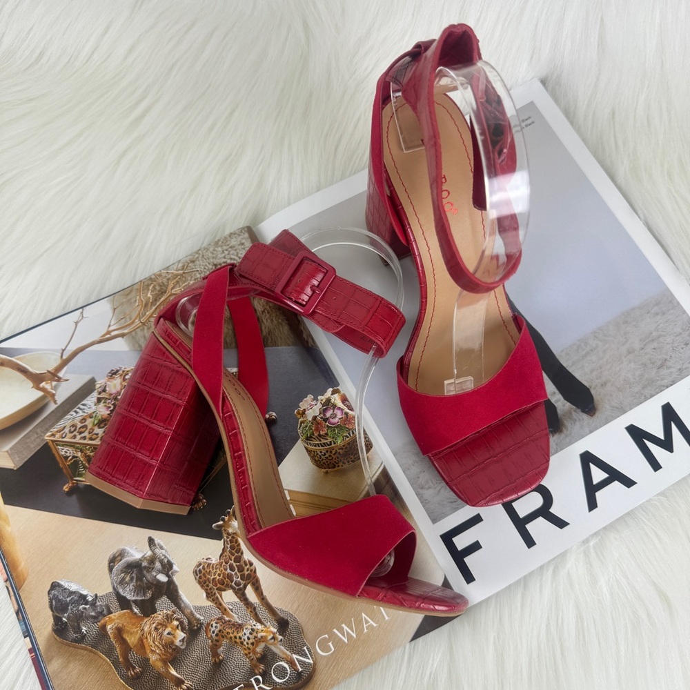 BAMBOO Crimson Red Croc-Textured Block Heel Sandal with Ankle Strap